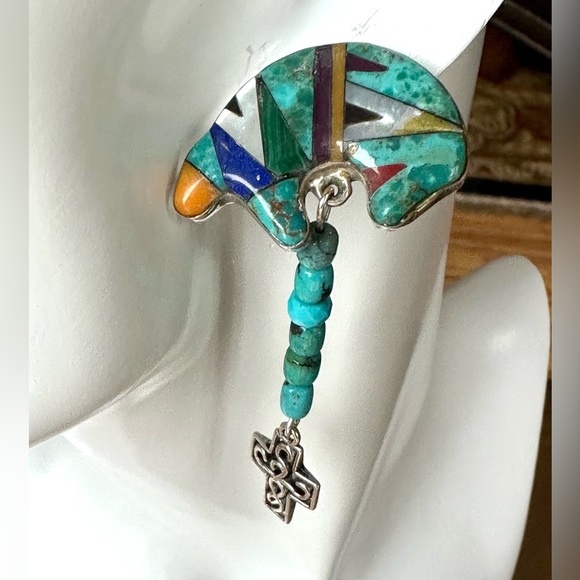 Gorgeous bear inlay sterling silver Native American turquoise sugilite earrings - Picture 5 of 12